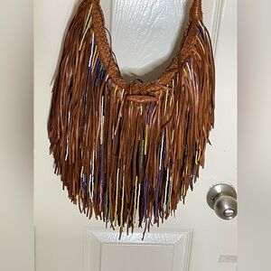 $498 EN SHALLA ANTHROPOLOGIE BROWN LEATHER FRINGE HIPPIE CROSSBODY SHOULDER BAG 